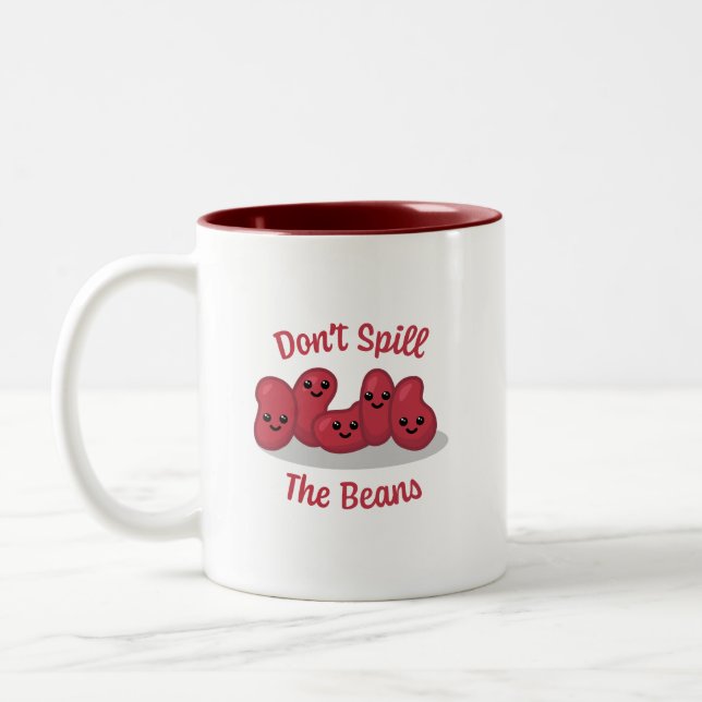 Don't Spill The Beans! Cute Bean Cartoon Two-Tone Coffee Mug (Left)