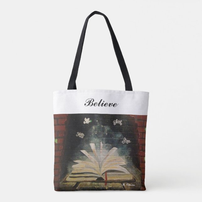 "Don't Stop Believing." All-Over-Print Tote Bag (Back)