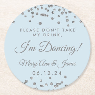 Don't Take My Drink! Silver Confetti Ice Blue Round Paper Coaster