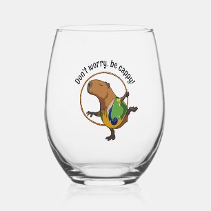 Don't Worry Be Cappy Capybara Gymnast Hoop Cartoon Stemless Wine Glass