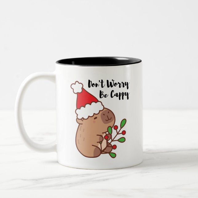 Don't Worry, Be Cappy - Cute Holiday Capybara Two-Tone Coffee Mug (Left)