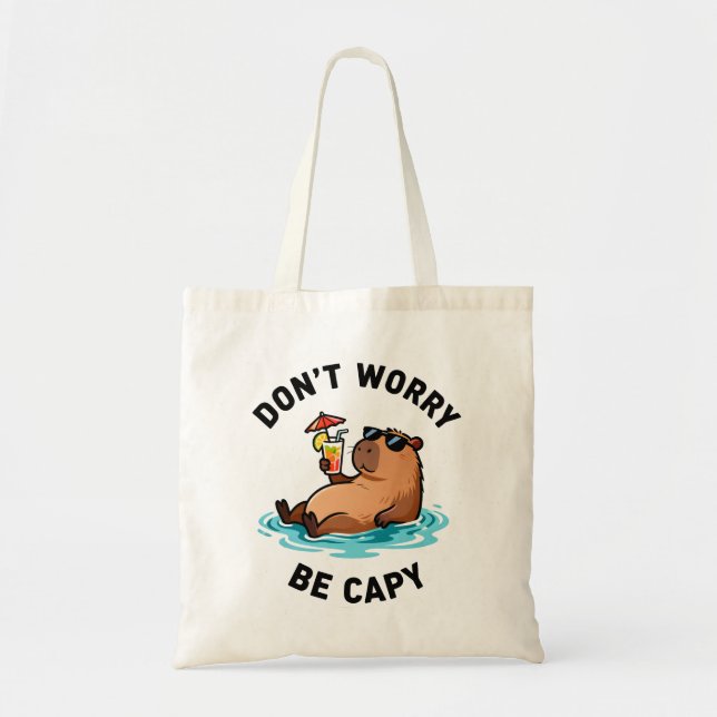 Don't Worry Be Capy Funny Capybara Pun Tote Bag (Front)