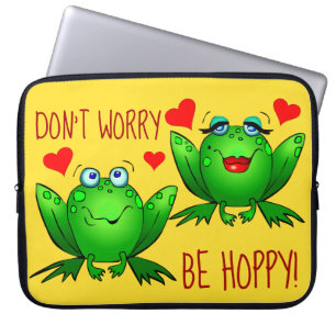 Dont Worry Be Hoppy Cute Cheerful Fun Green Frogs Laptop Sleeve