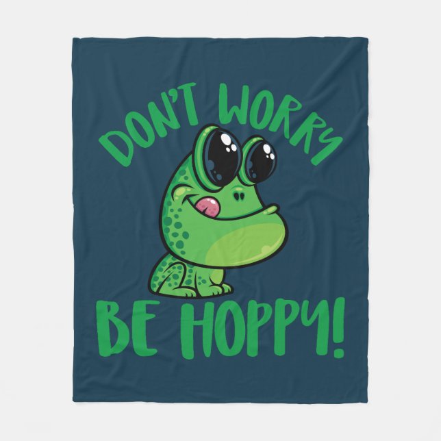 Don't Worry Be Hoppy Smiling Cartoon Frog Fleece Blanket (Front)