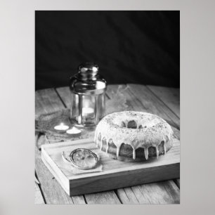 Donut Cake with Icing Glaze on Rustic Wooden Table Poster