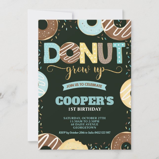 Donut Grow Up 1st Birthday Doughnut Party Boy Invitation (Front)