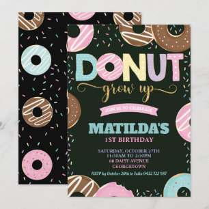 Donut Grow Up 1st Birthday Girl Doughnut Party Invitation
