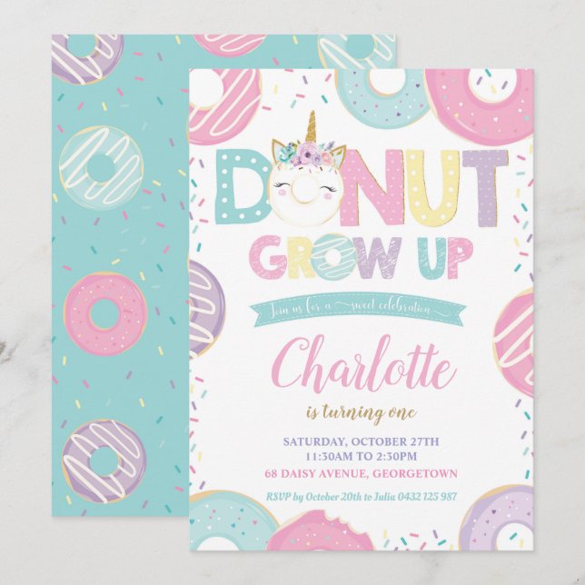 Donut Grow Up 1st Birthday Unicorn Doughnut Invitation (Front/Back)