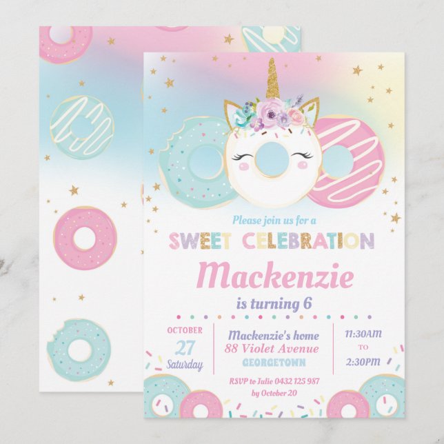 Donut Grow Up Birthday Party Unicorn Doughnut Invitation (Front/Back)