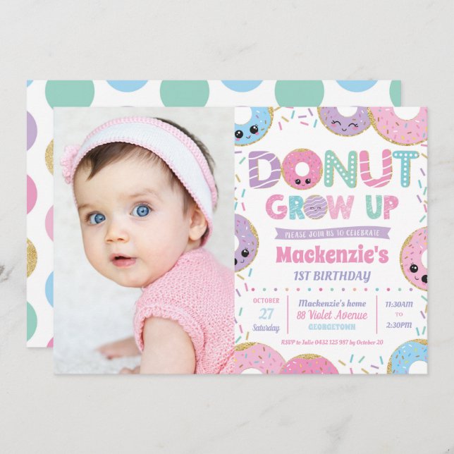 Donut Grow Up Kawaii Birthday Photo Invitation (Front/Back)