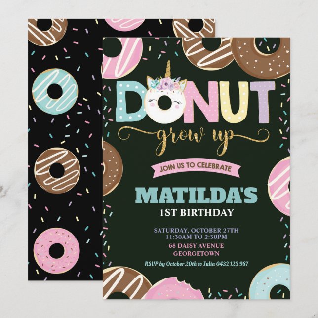 Donut Grow Up Unicorn 1st Birthday Doughnut Girl Invitation (Front/Back)