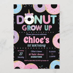 Donut Grow Up Unicorn Birthday Invitations Girl