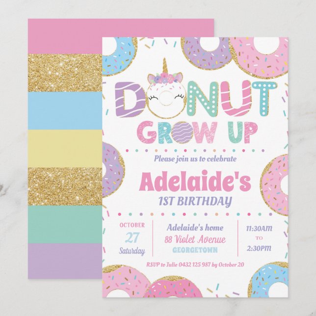 Donut Grow Up Unicorn Birthday Invitations Girl (Front/Back)