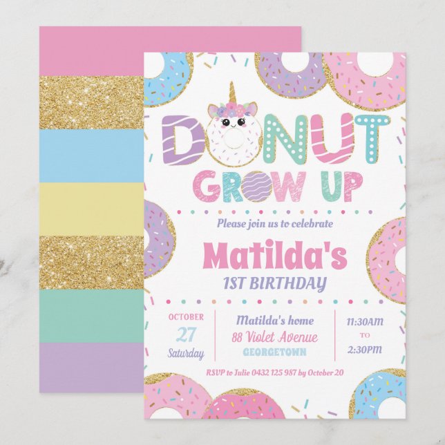 Donut Grow Up Unicorn Birthday Invitations Girl (Front/Back)