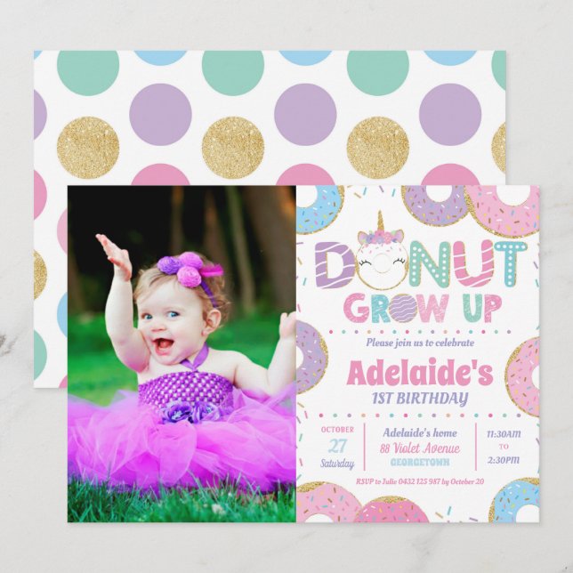Donut Grow Up Unicorn Birthday Photo Invitation (Front/Back)