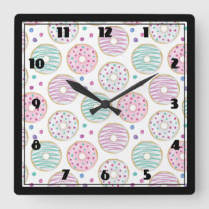 Donut Pattern Cute Colorful Square Wall Clock
