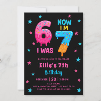 Donut Six Seven Girl Birthday Invitation