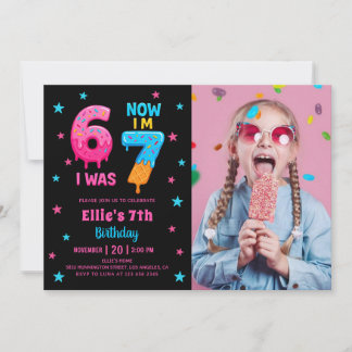 Donut Six Seven Girl Birthday Photo Invitation