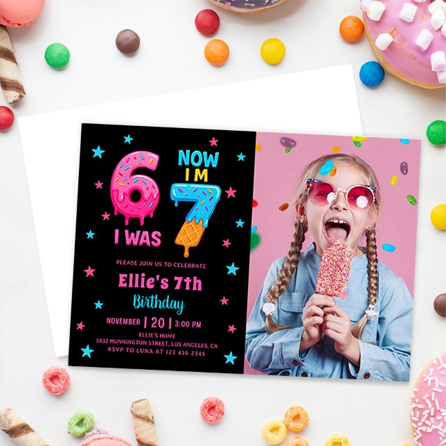 Donut Six Seven Girl Birthday Photo Invitation (Creator Uploaded)