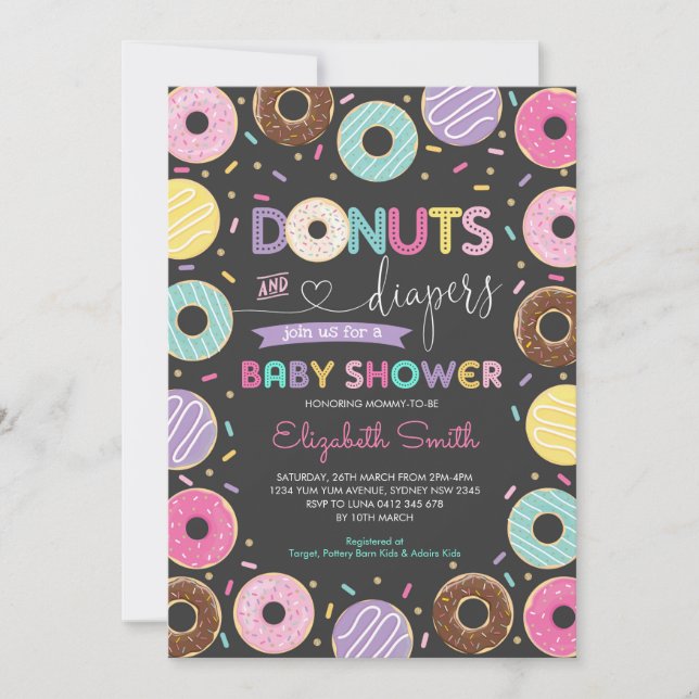 Donuts & Diapers Doughnuts Baby Shower Chalkboard Invitation (Front)