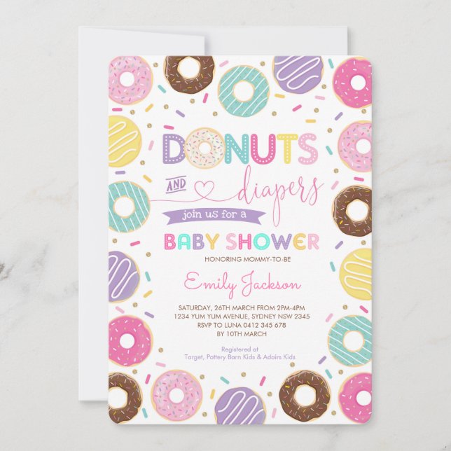 Donuts & Diapers | Rainbow Doughnuts Baby Shower Invitation (Front)