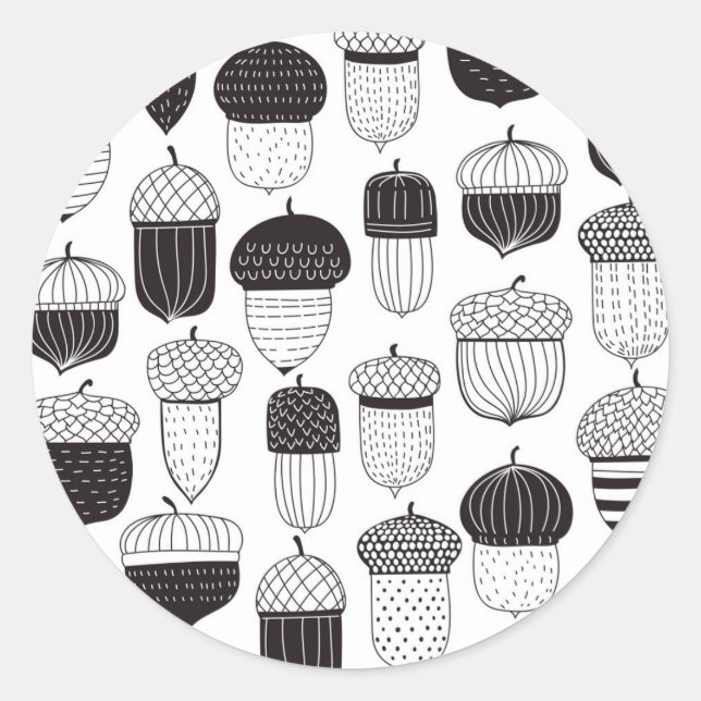 Doodle acorns autumn pattern classic round sticker (Front)