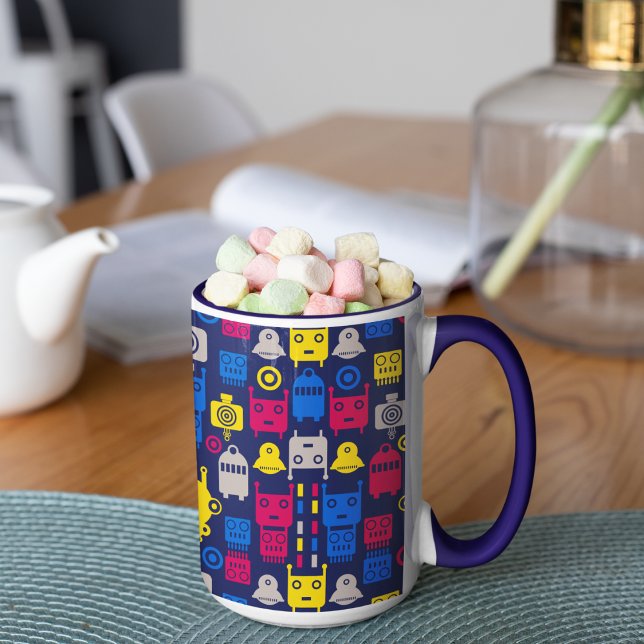 Doodle Alien Spaceship and Robot Pattern Mug (robot kids cartoon mug)