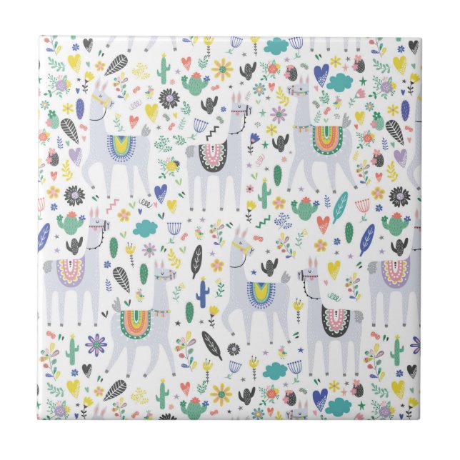 Doodle Alpaca Pattern Ceramic Tile (Front)