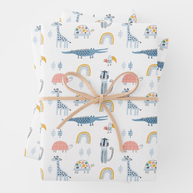 Doodle Animal Fun Pattern Wrapping Paper Sheet (In situ)