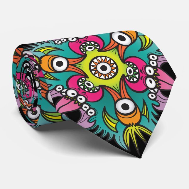 Doodle art showing hungry monsters going crazy tie (Rolled)