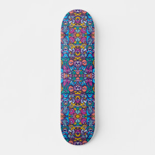 Doodle art style aliens in colourful pattern desig skateboard