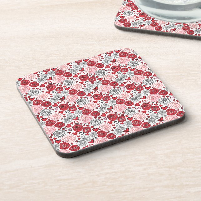 Doodle Art Style Red Pink Roses Hearts Valentine's Coaster (Left Side)