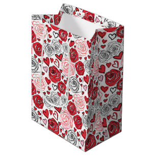 Doodle Art Style Red Pink Roses Hearts Valentine's Medium Gift Bag