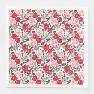 Doodle Art Style Red Pink Roses Hearts Valentine's Napkin