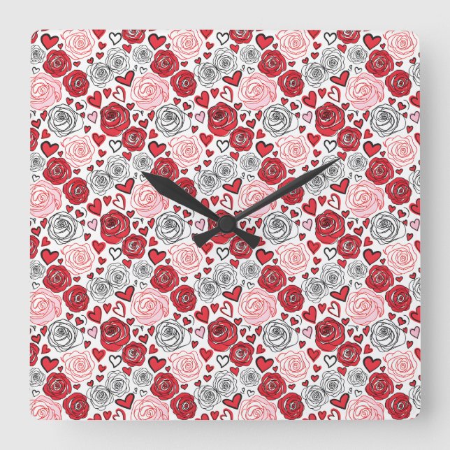 Doodle Art Style Red Pink Roses Hearts Valentine's Square Wall Clock (Front)