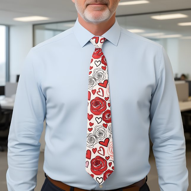 Doodle Art Style Red Pink Roses Hearts Valentine's Tie (Creator Uploaded)