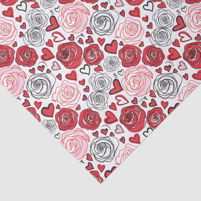 Doodle Art Style Red Pink Roses Hearts Valentine's Tissue Paper (Detail)