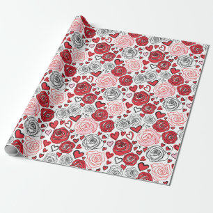 Doodle Art Style Red Pink Roses Hearts Valentine's Wrapping Paper