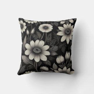 Doodle Black & White flowers graphic illustration  Cushion