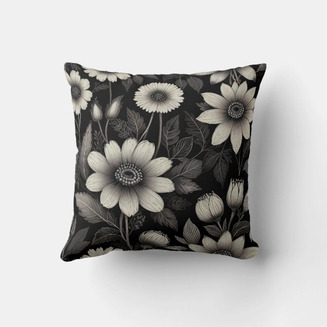 Doodle Black & White flowers graphic illustration  Cushion (Back)