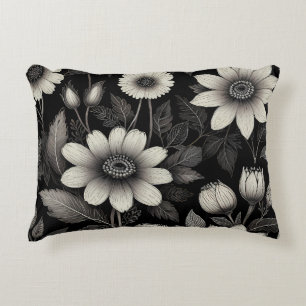 Doodle Black & White flowers graphic illustration Decorative Cushion