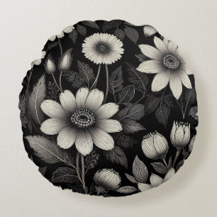 Doodle Black & White flowers graphic illustration  Round Cushion