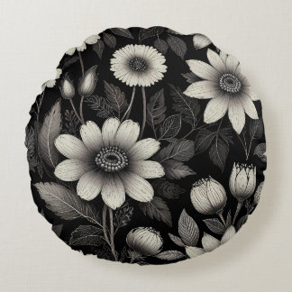 Doodle Black & White flowers graphic illustration  Round Cushion