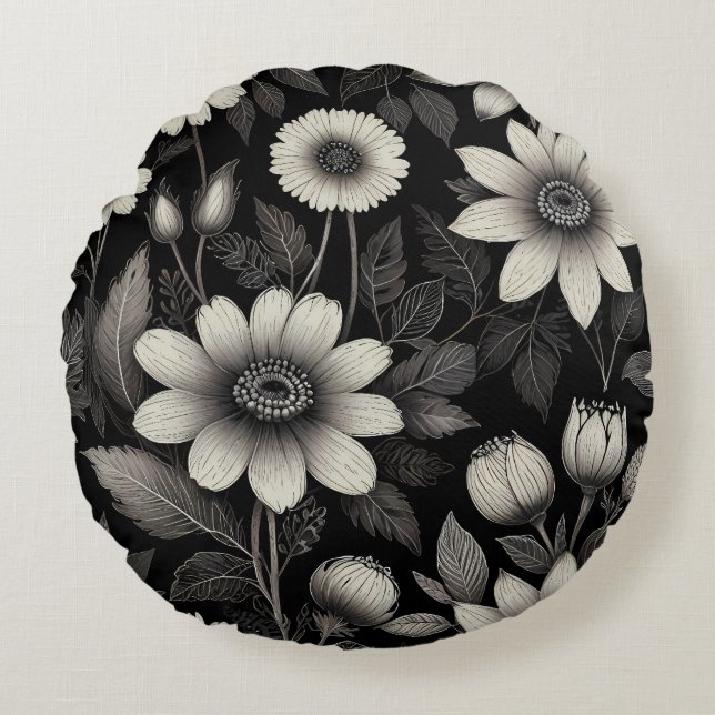 Doodle Black & White flowers graphic illustration  Round Cushion (Front)