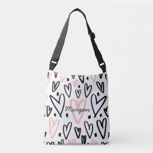 Doodle Blush and Black Hearts Monogram Crossbody Bag