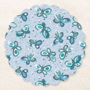 Doodle Bugs Butterflies - blue - seamless pattern. Paper Coaster