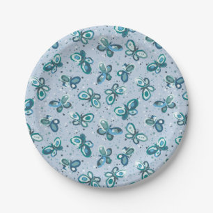Doodle Bugs Butterflies - blue - seamless pattern. Paper Plate