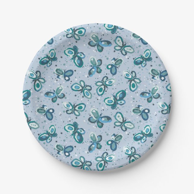 Doodle Bugs Butterflies - blue - seamless pattern. Paper Plate (Front)