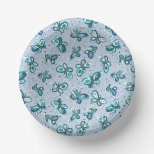 Doodle Bugs Butterflies - blue - seamless pattern. Paper Plate