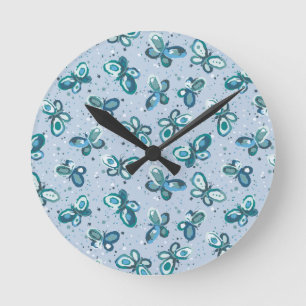 Doodle Bugs Butterflies - blue - seamless pattern. Round Clock